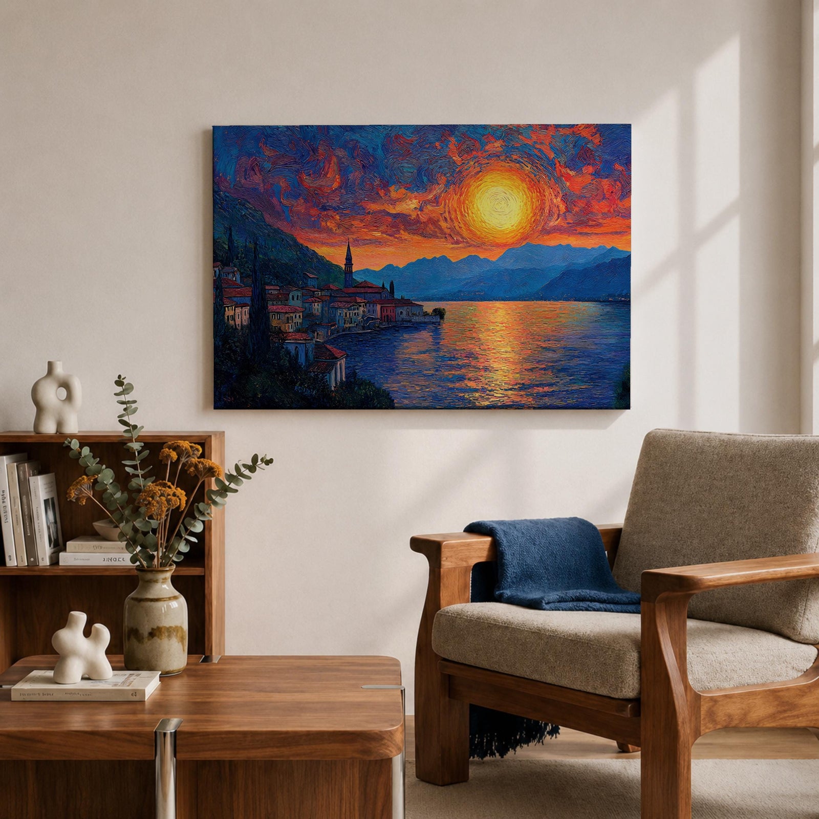 Lake Como Sunset Wall Art Italian Landscape Framed Canvas Coastal Impasto Rustic Home Decor