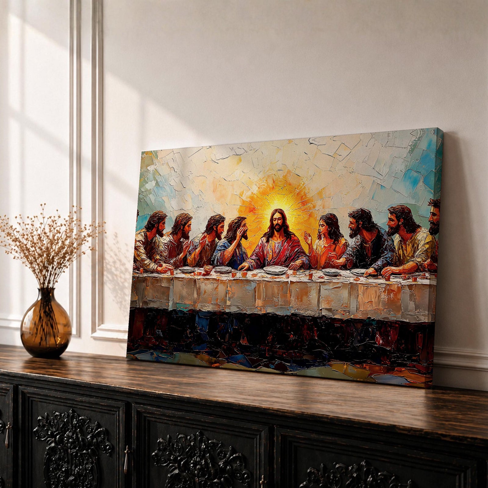 Last Supper Wall Art Jesus and Apostles Framed Canvas Christian Biblical Rustic Home Decor