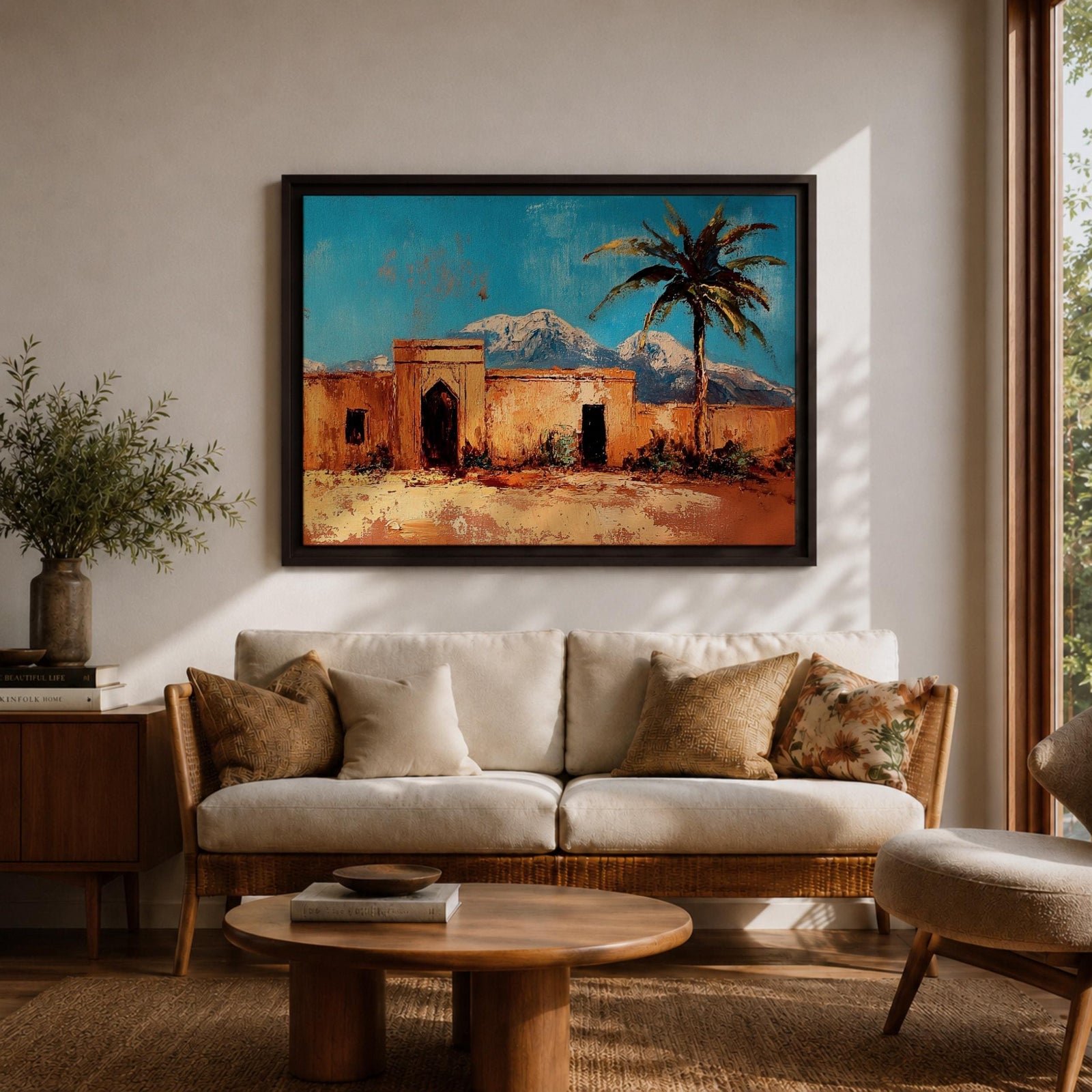 Moroccan Village Wall Art North Africa Framed Canvas Desert Landscape Impasto Rustic Home Decor