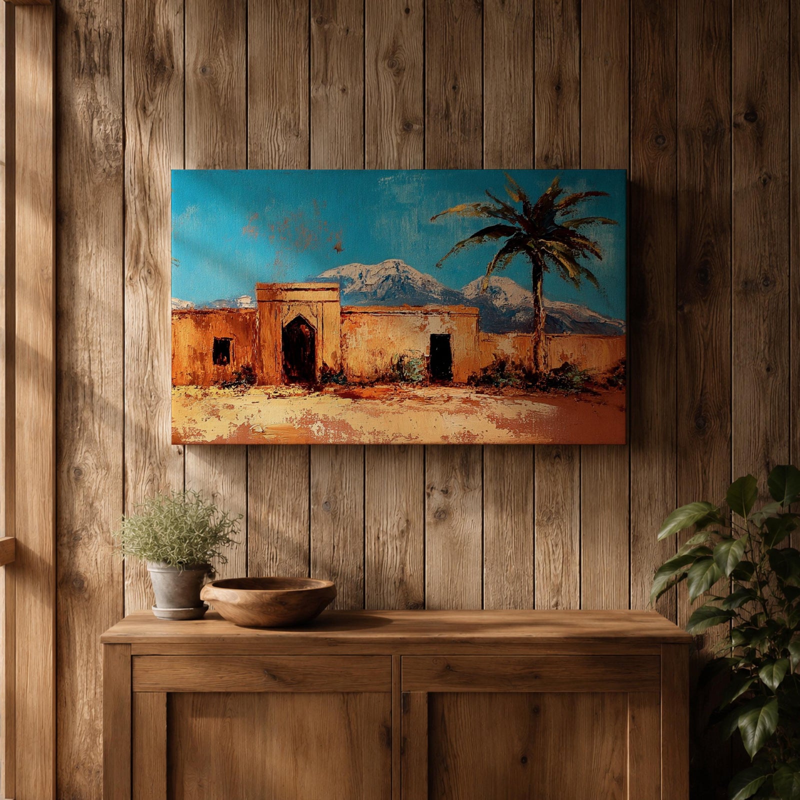Moroccan Village Wall Art North Africa Framed Canvas Desert Landscape Impasto Rustic Home Decor