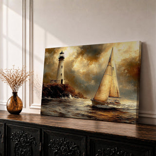 Lighthouse Wall Art Coastal Sailboat Framed Canvas Nautical Seascape Vintage Landscape Home Decor
