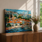 Mediterranean Village Wall Art Dalmatian Coast Framed Canvas Harbor Landscape Boho Home Decor