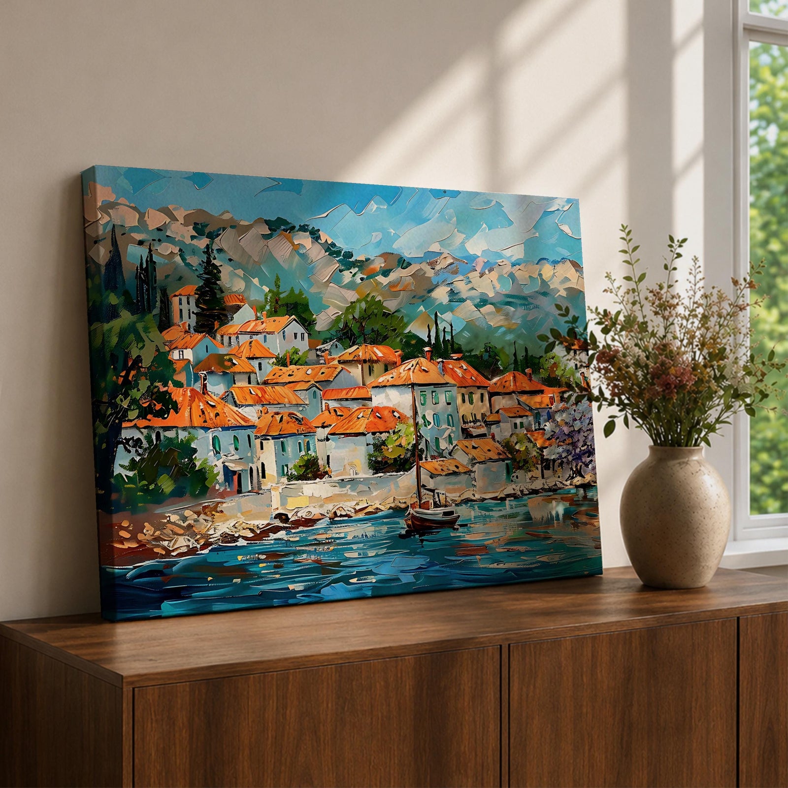 Mediterranean Village Wall Art Dalmatian Coast Framed Canvas Harbor Landscape Boho Home Decor