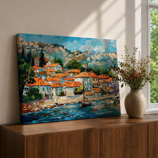 Mediterranean Village Wall Art Dalmatian Coast Framed Canvas Harbor Landscape Boho Home Decor