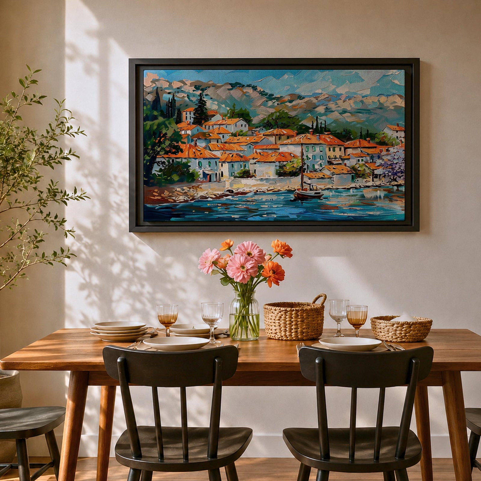 Mediterranean Village Wall Art Dalmatian Coast Framed Canvas Harbor Landscape Boho Home Decor