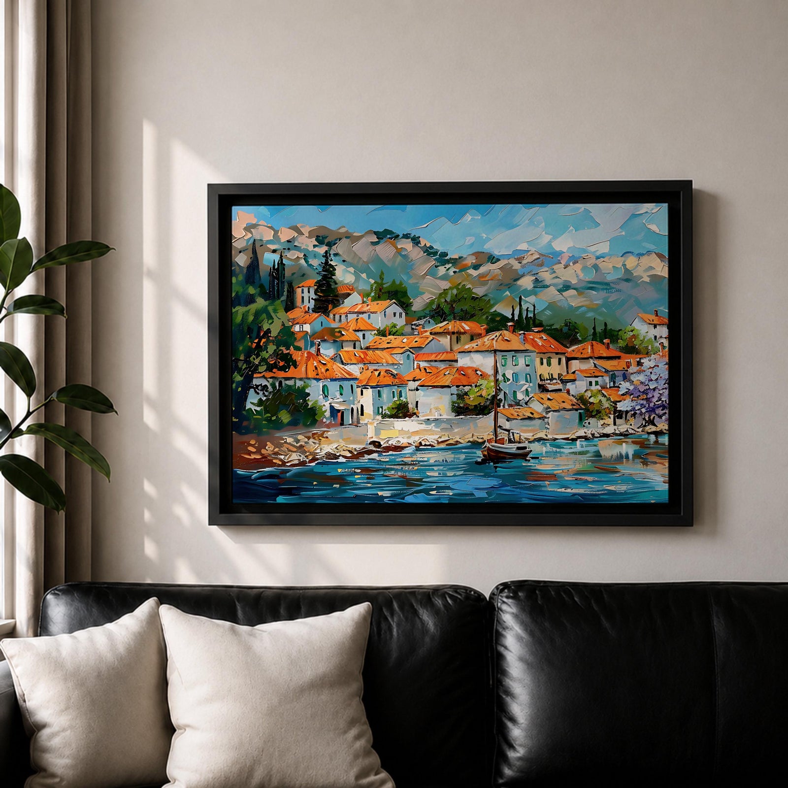 Mediterranean Village Wall Art Dalmatian Coast Framed Canvas Harbor Landscape Boho Home Decor
