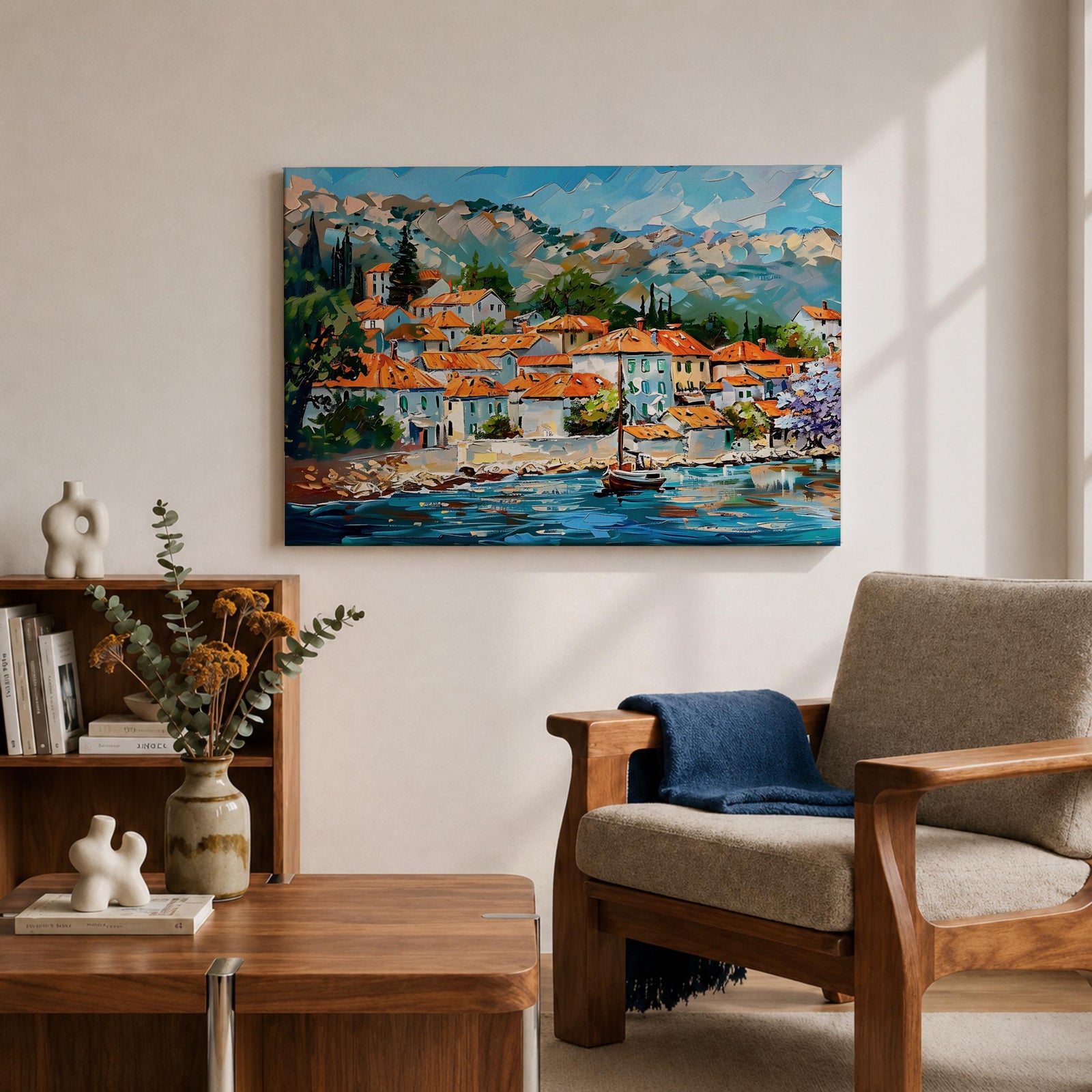Mediterranean Village Wall Art Dalmatian Coast Framed Canvas Harbor Landscape Boho Home Decor