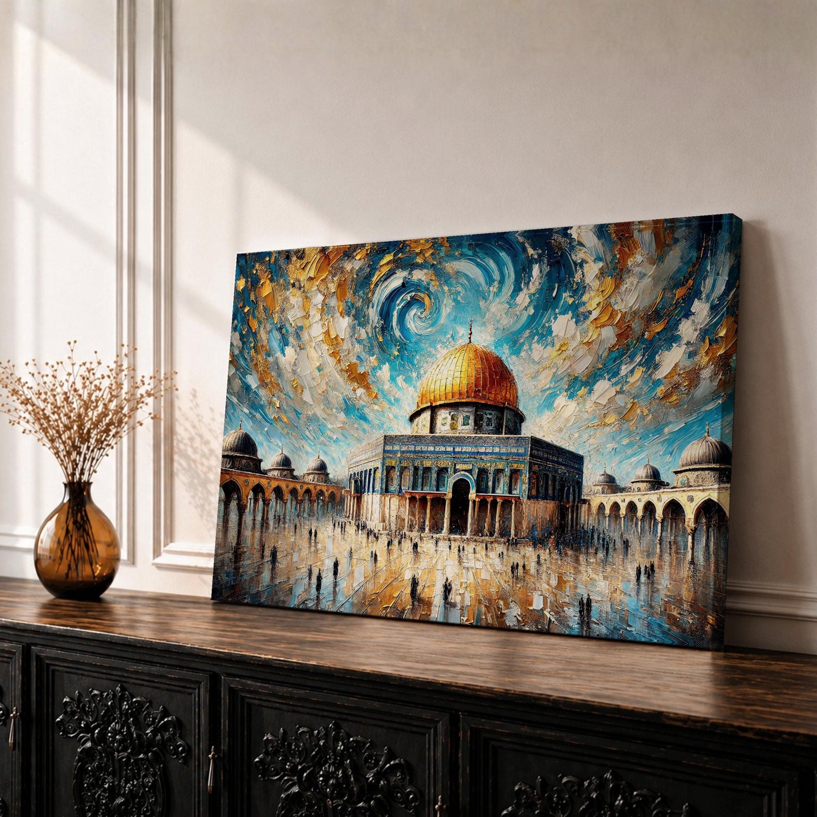 Dome of the Rock Wall Art Temple Mount Framed Canvas Impasto Islamic Home Decor
