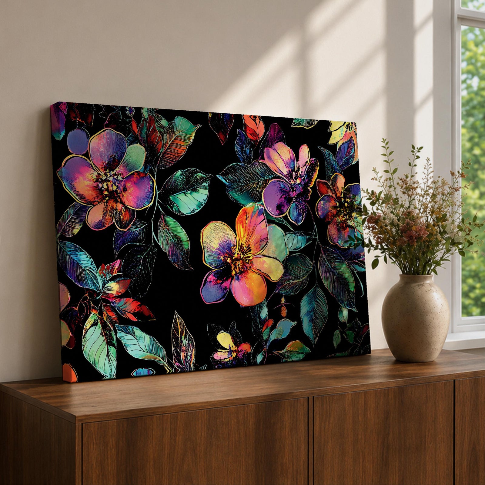 Floral Wall Art Blossoms Framed Canvas Neon Botanical Modern Watercolor Living Room Home Decor