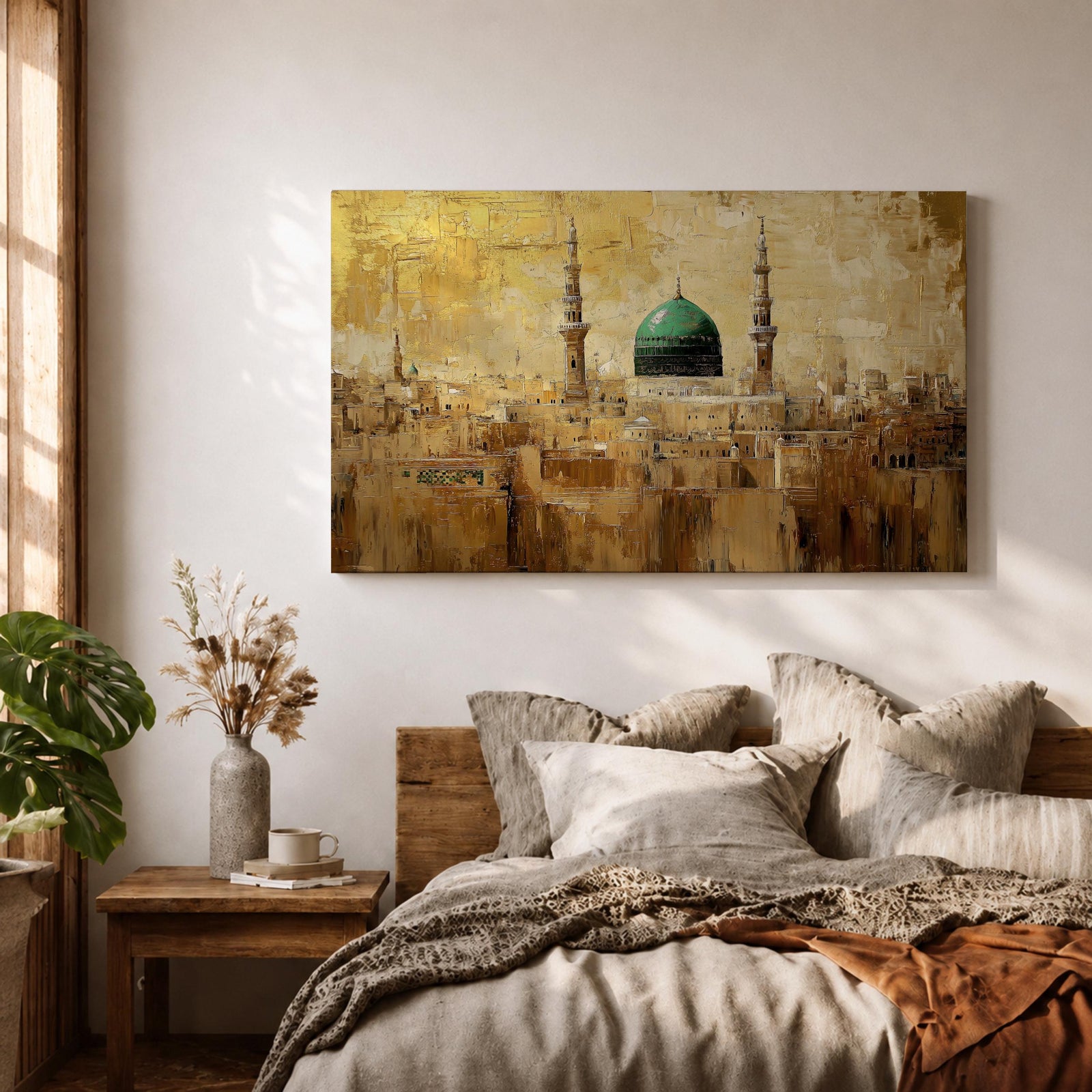 Masjid Nabawi Wall Art Prophets Mosque Framed Canvas Green Dome Islamic Home Decor
