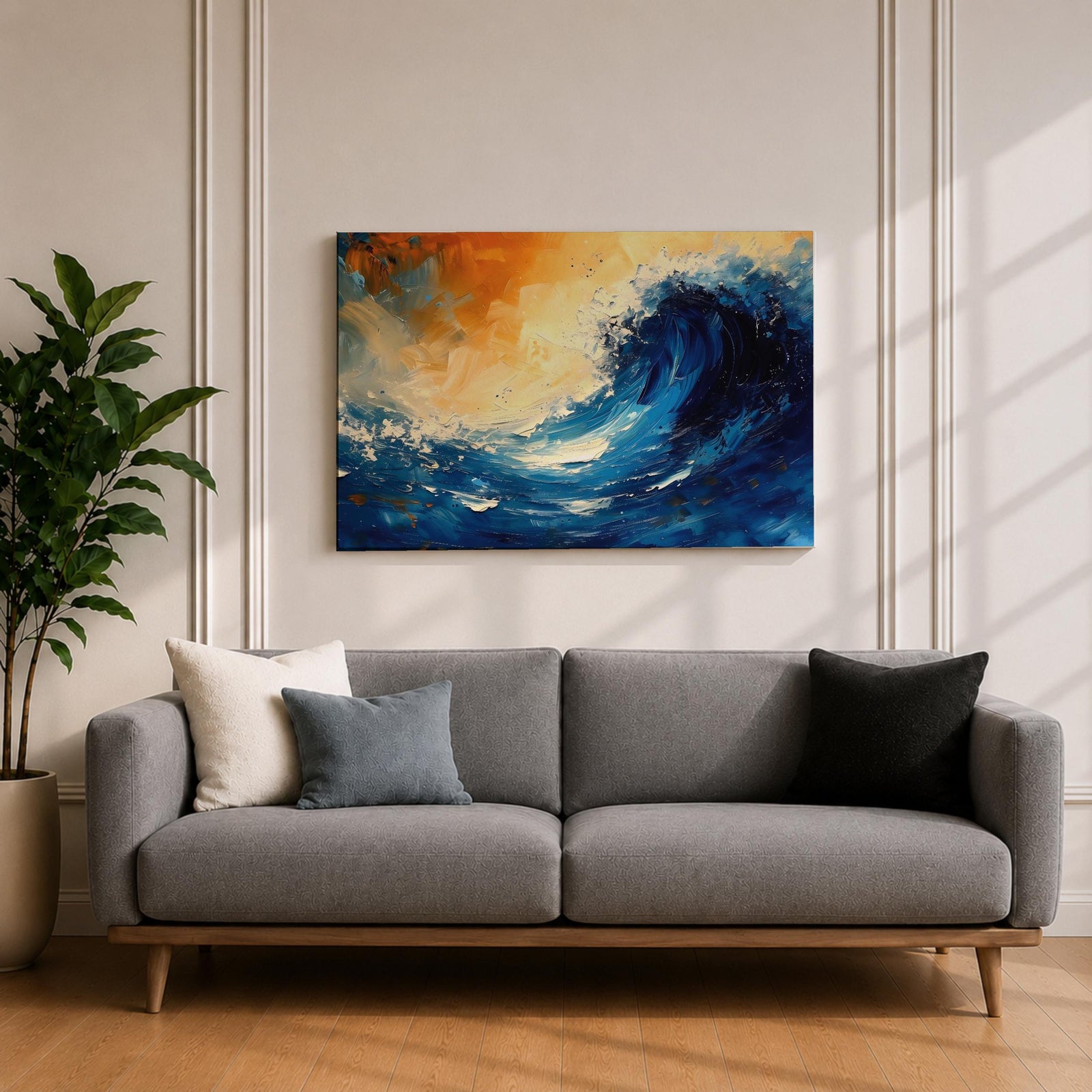 Ocean Wave Wall Art Hokusai Style Framed Canvas Coastal Abstract Seascape Living Room Decor