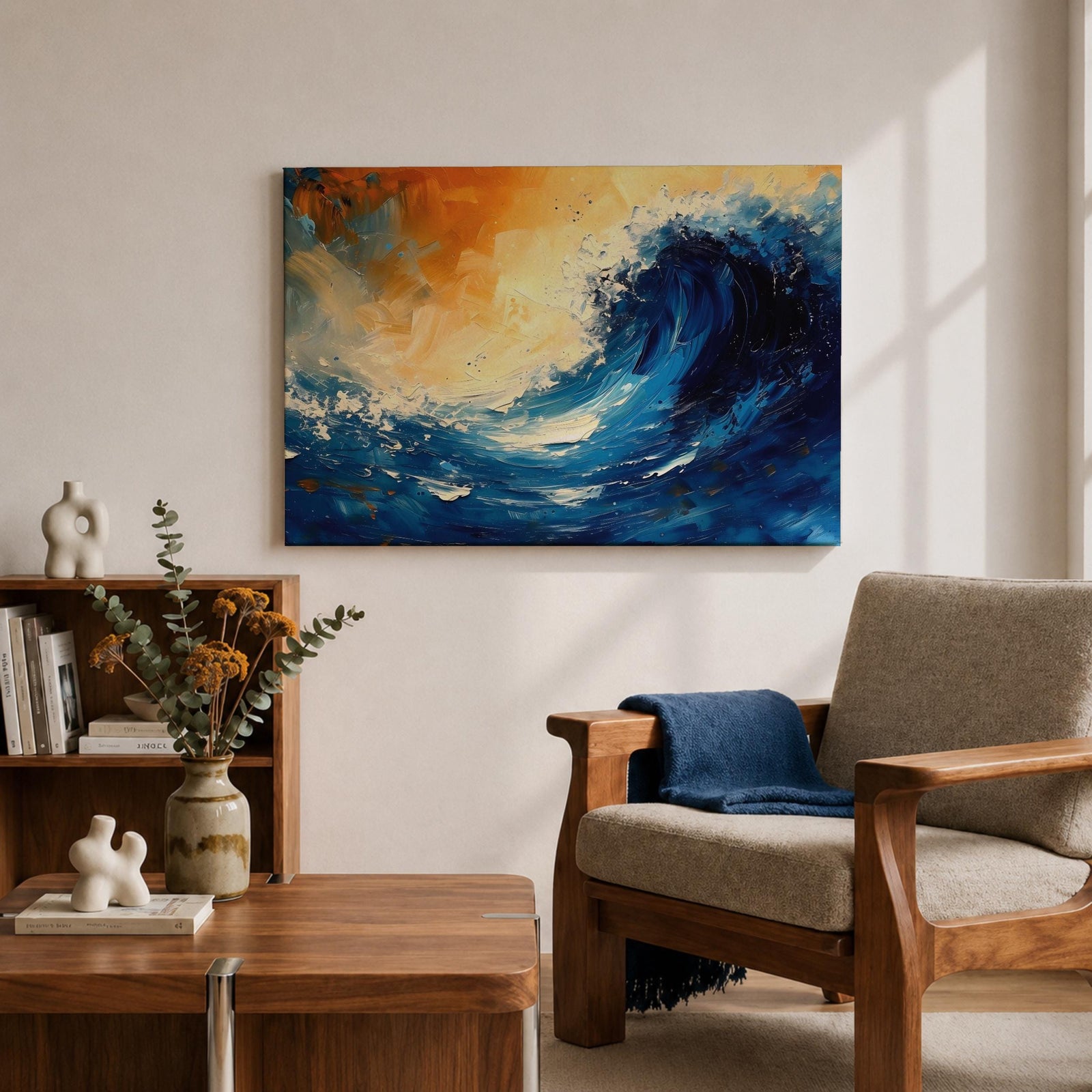 Ocean Wave Wall Art Hokusai Style Framed Canvas Coastal Abstract Seascape Living Room Decor