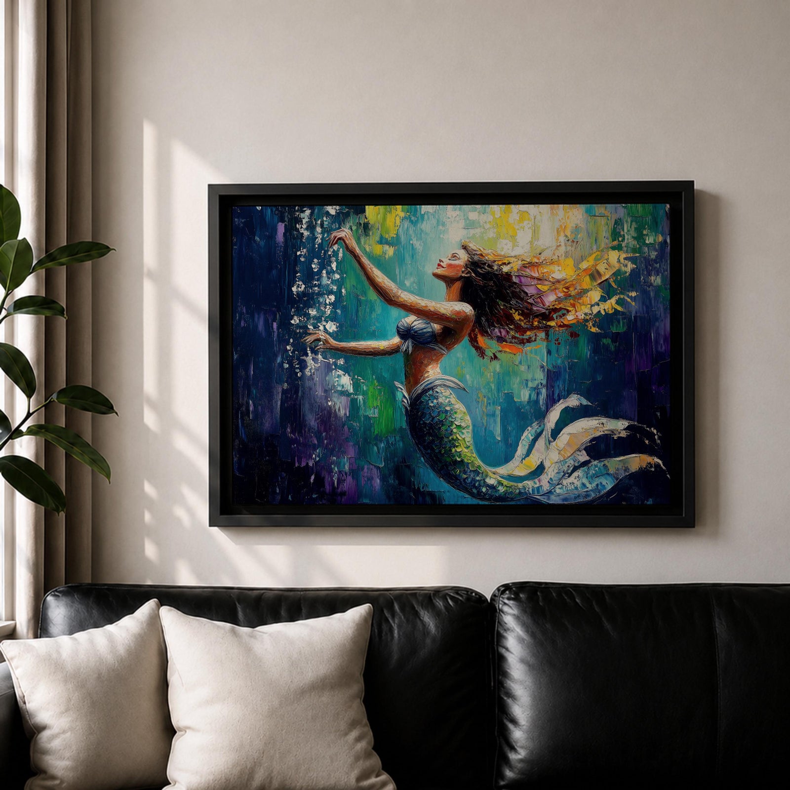 Mermaid Wall Art Sea Nymph Framed Canvas Fantasy Ocean Impasto Mythology Coastal Decor