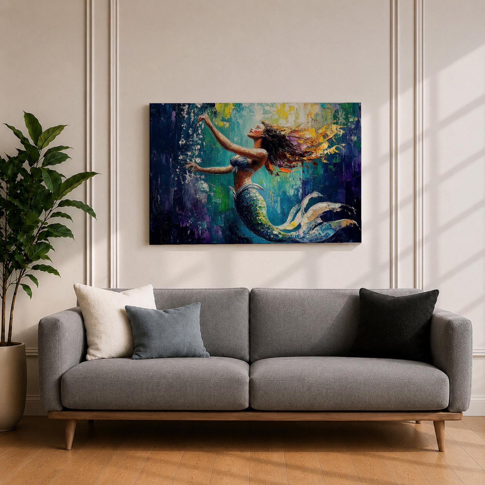 Mermaid Wall Art Sea Nymph Framed Canvas Fantasy Ocean Impasto Mythology Coastal Decor