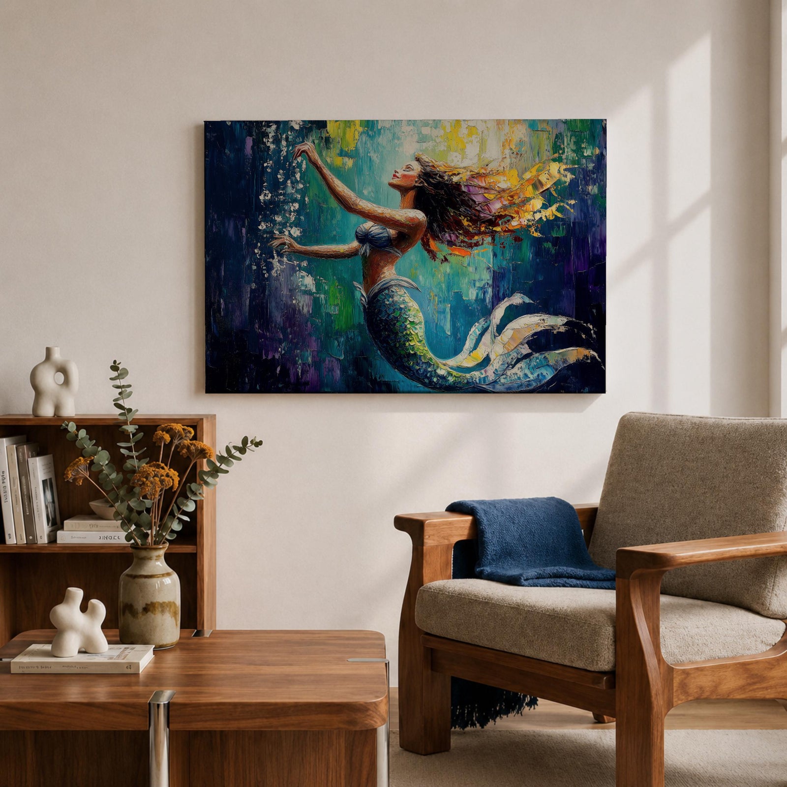 Mermaid Wall Art Sea Nymph Framed Canvas Fantasy Ocean Impasto Mythology Coastal Decor