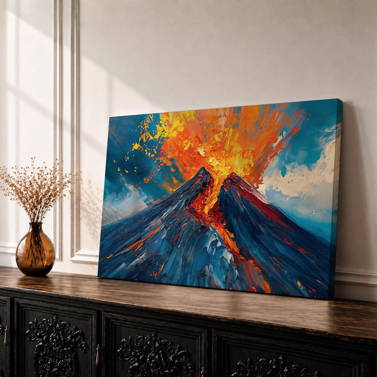 Volcano Wall Art Volcanic Eruption Framed Canvas Lava Magma Impasto Landscape Nature Decor