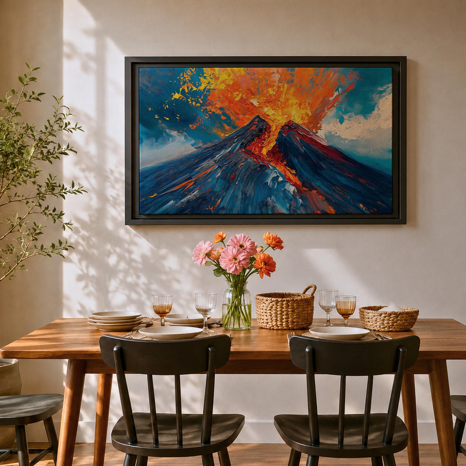 Volcano Wall Art Volcanic Eruption Framed Canvas Lava Magma Impasto Landscape Nature Decor