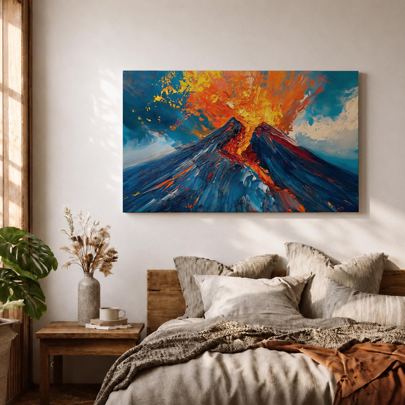 Volcano Wall Art Volcanic Eruption Framed Canvas Lava Magma Impasto Landscape Nature Decor