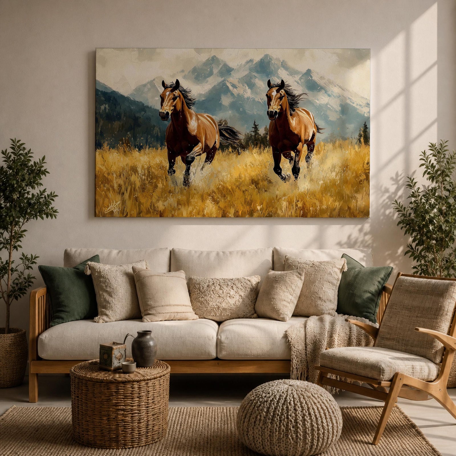 Running Horses Wall Art Mountain Landscape Framed Canvas Animal Gift Farmhouse Home Decor