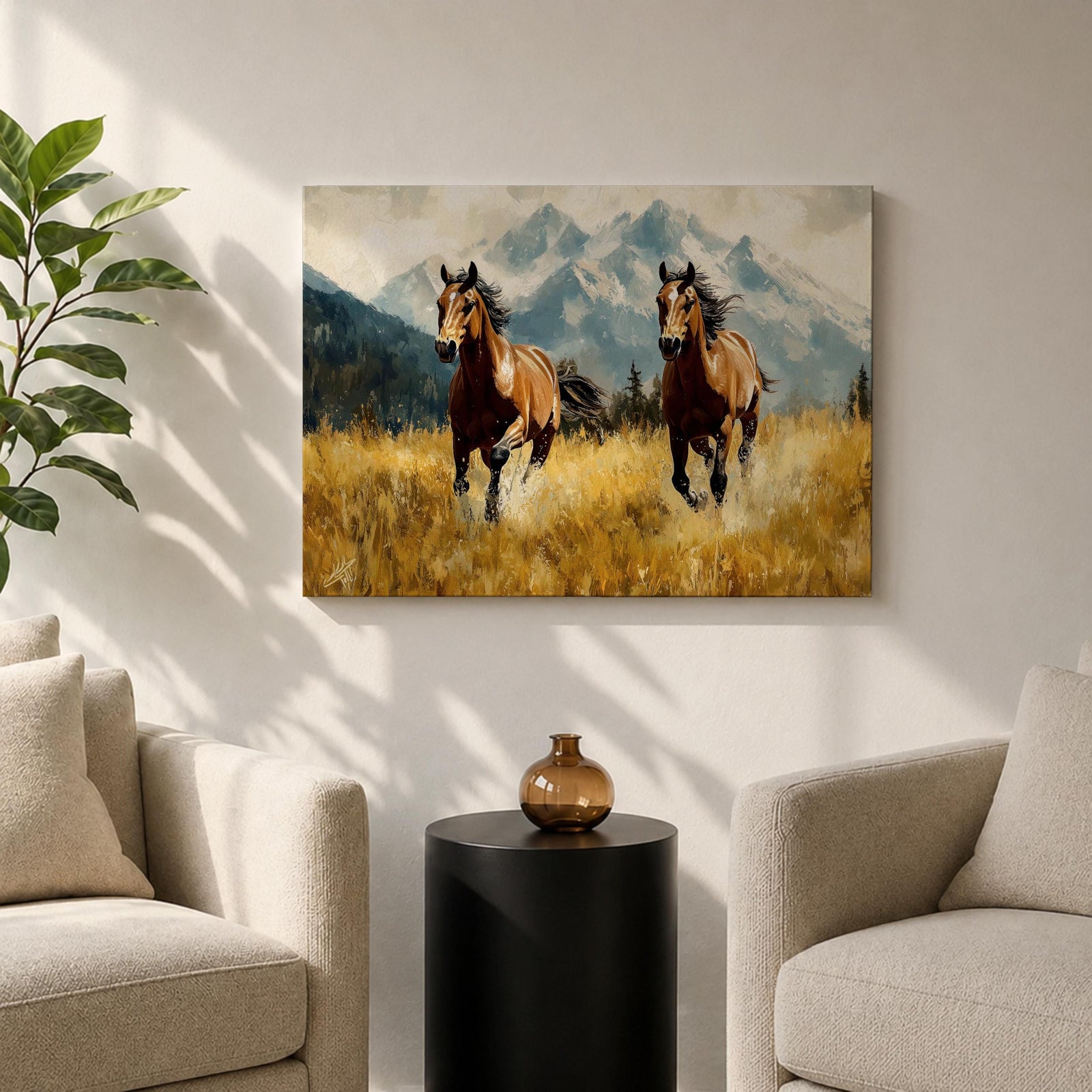 Running Horses Wall Art Mountain Landscape Framed Canvas Animal Gift Farmhouse Home Decor