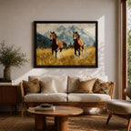 Running Horses Wall Art Mountain Landscape Framed Canvas Animal Gift Farmhouse Home Decor