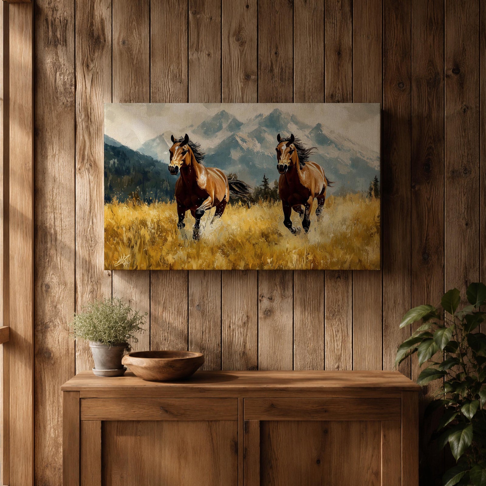 Running Horses Wall Art Mountain Landscape Framed Canvas Animal Gift Farmhouse Home Decor