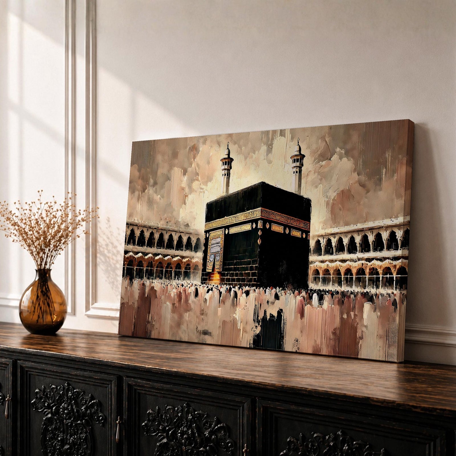 Kaaba Wall Art Tawaf Pilgrims Framed Canvas Masjid al Haram Impasto Islamic Home Decor
