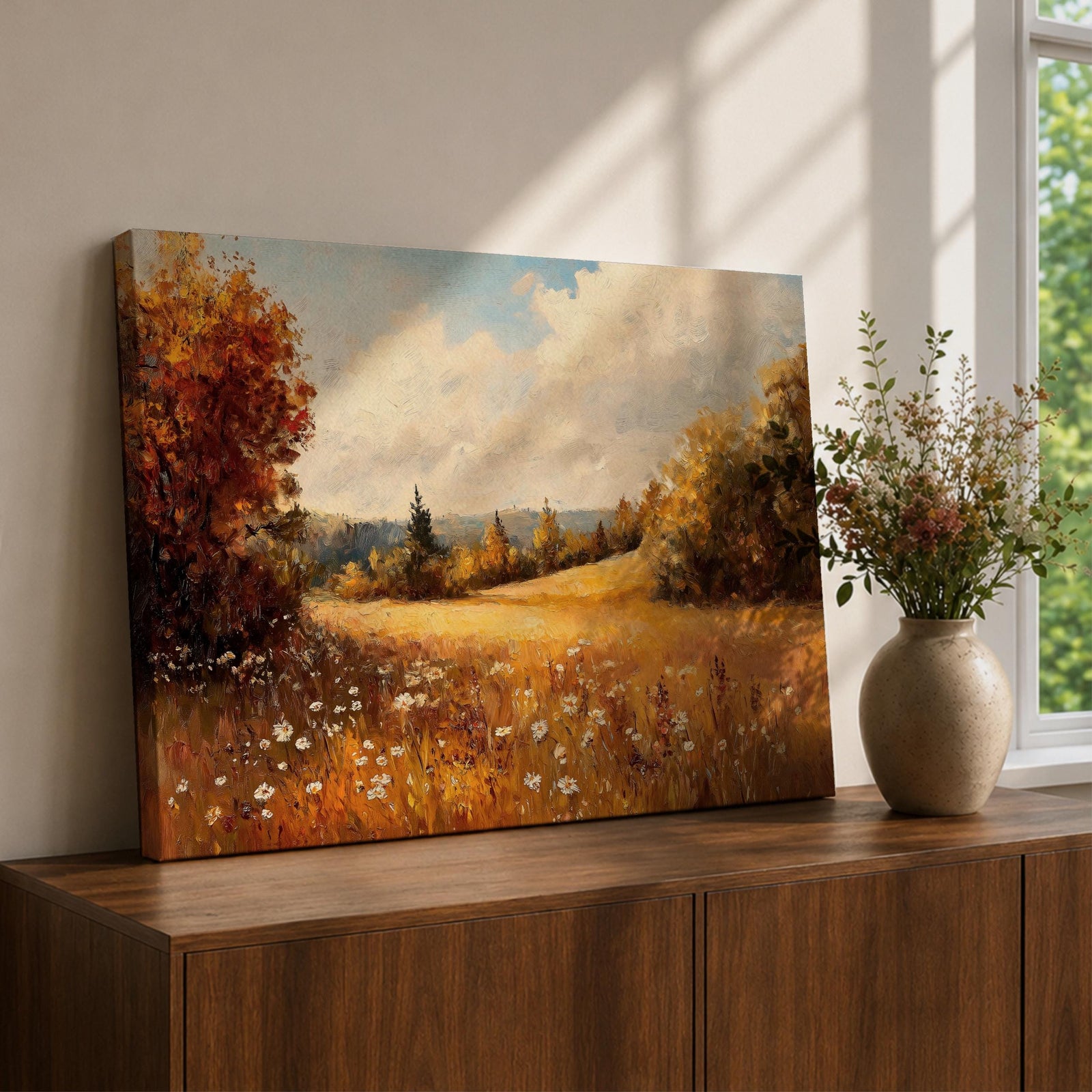 Autumn Meadow Wall Art Fall Countryside Framed Canvas Rustic Vintage Landscape Farmhouse Home Decor
