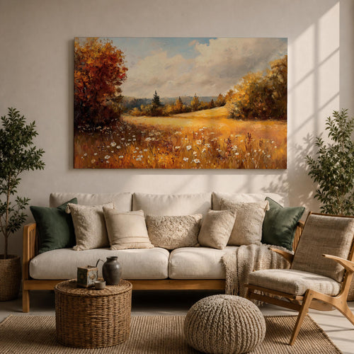 Autumn Meadow Wall Art Fall Countryside Framed Canvas Rustic Vintage Landscape Farmhouse Home Decor