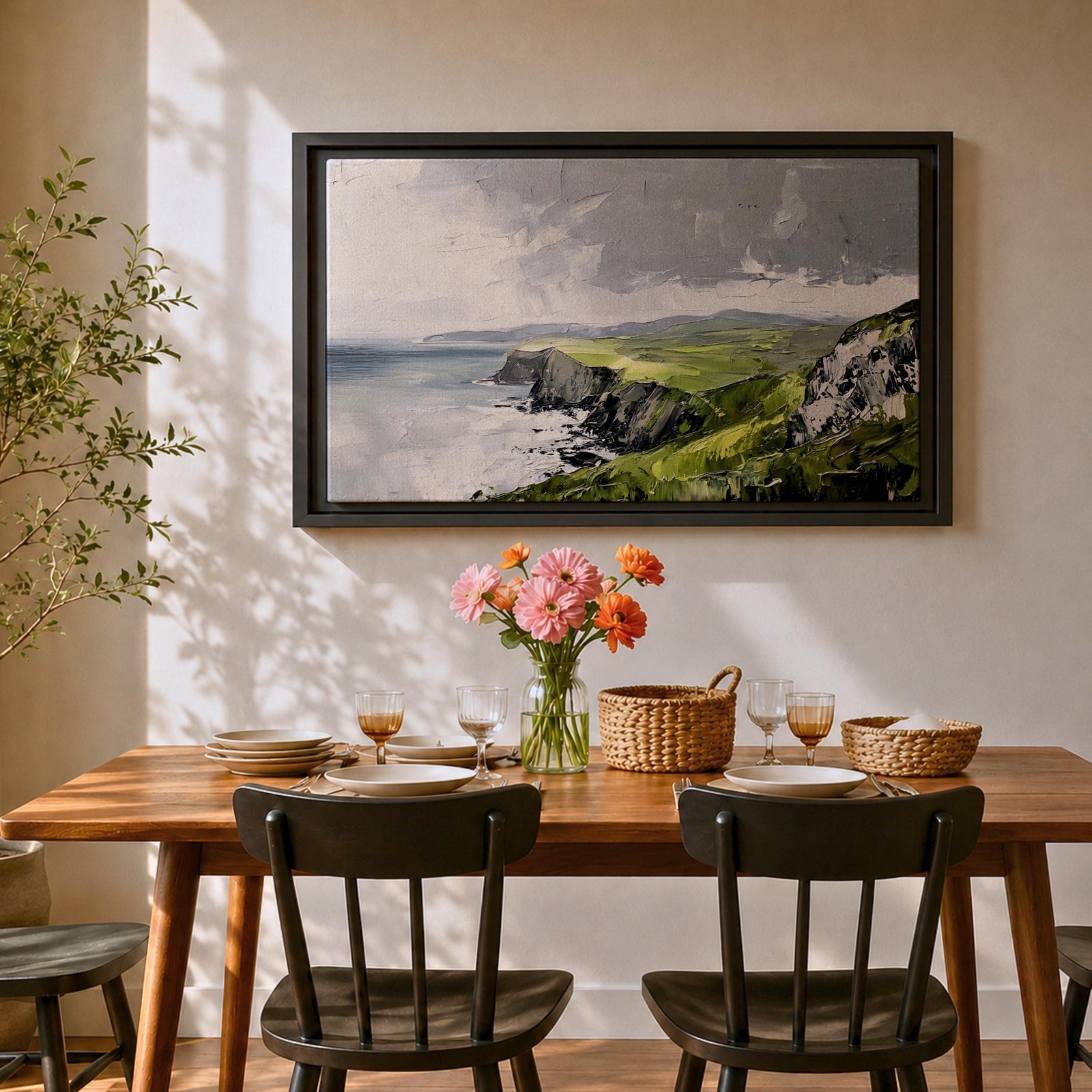 Irish Coastal Cliffs Wall Art Emerald Isle Framed Canvas Impasto Rustic Home Decor