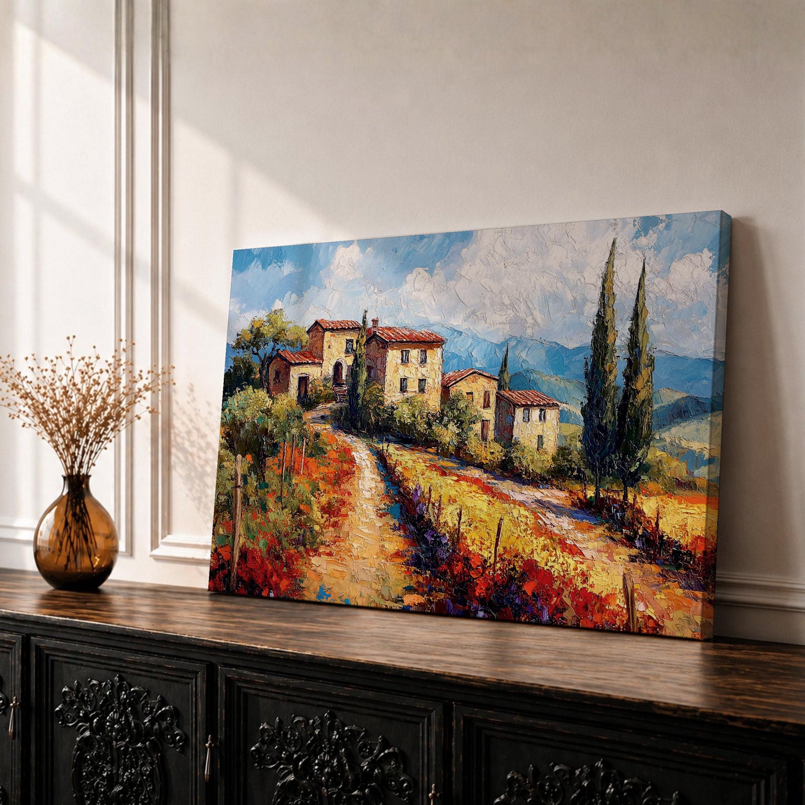 Tuscan Countryside Wall Art Mediterranean Landscape Framed Canvas Impasto Rustic Farmhouse Home Decor