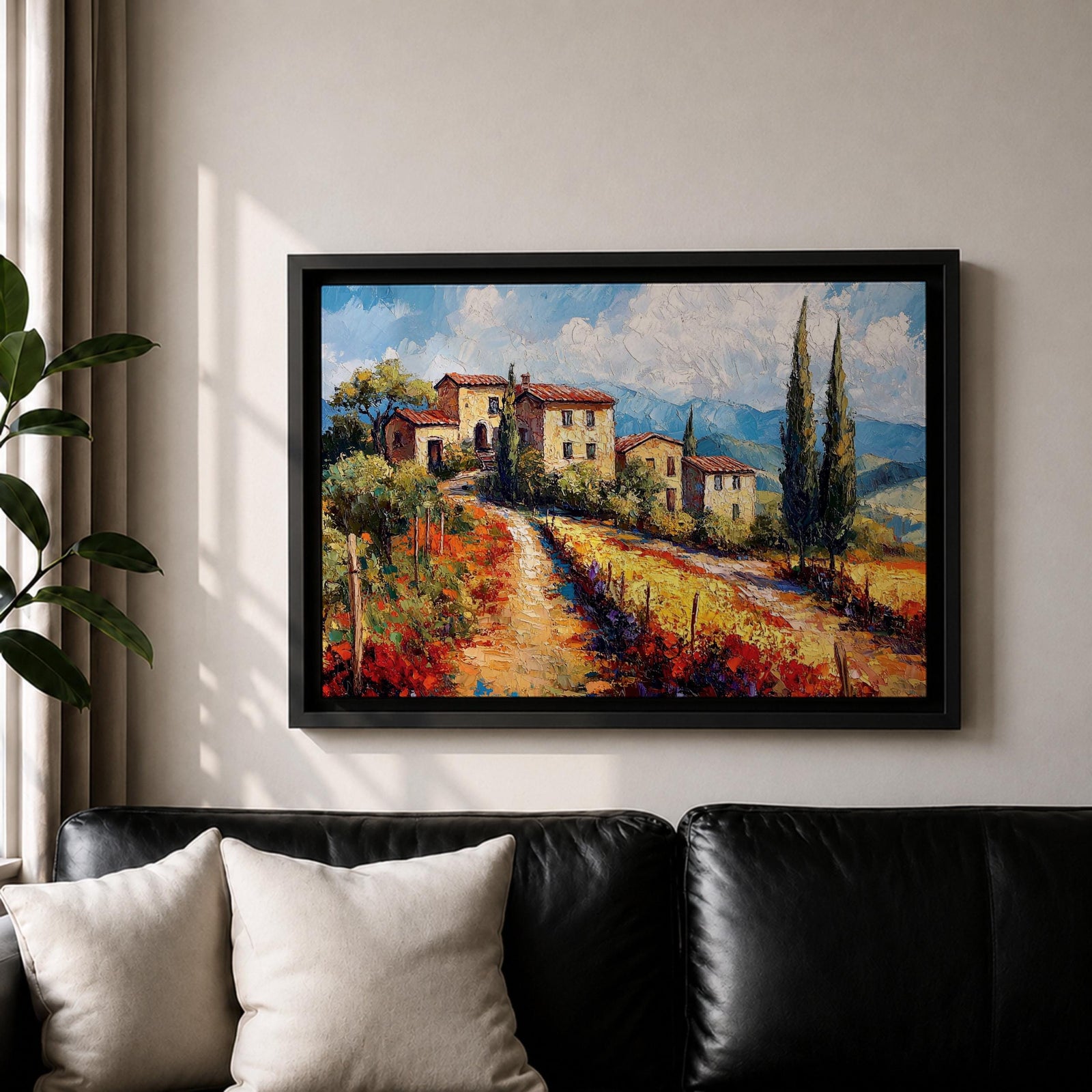 Tuscan Countryside Wall Art Mediterranean Landscape Framed Canvas Impasto Rustic Farmhouse Home Decor