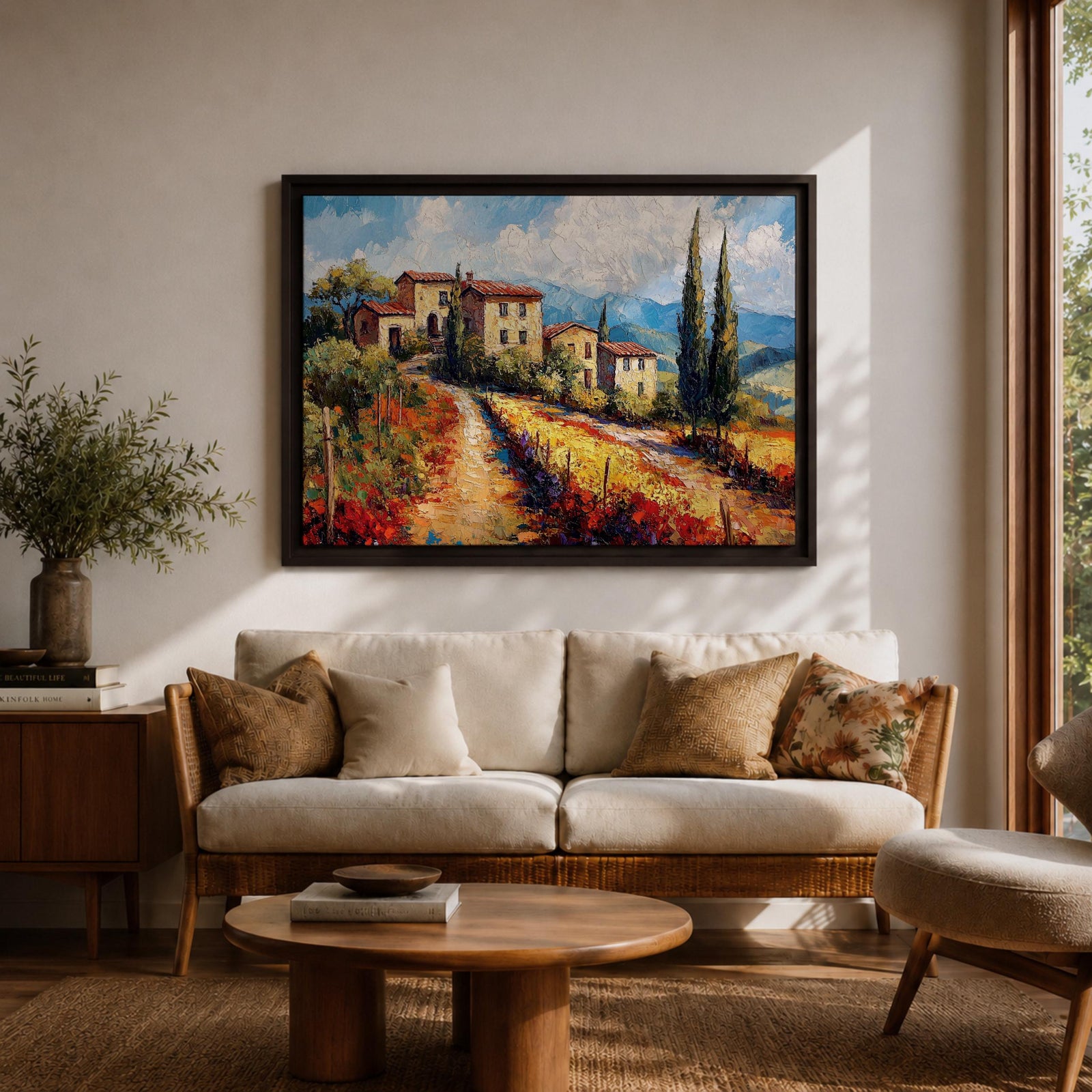 Tuscan Countryside Wall Art Mediterranean Landscape Framed Canvas Impasto Rustic Farmhouse Home Decor