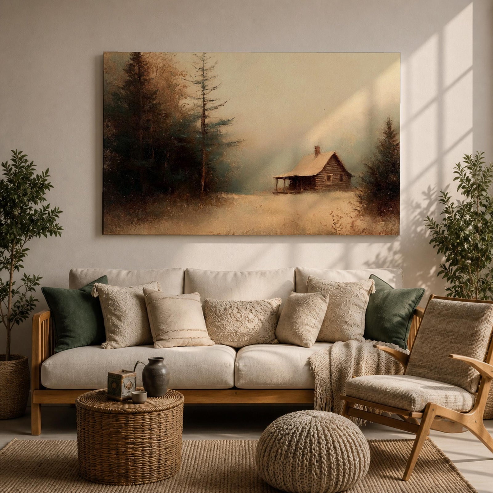 Cabin Wall Art Log House Framed Canvas Winter Landscape Rustic Lodge Home Decor