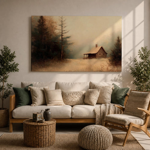 Cabin Wall Art Log House Framed Canvas Winter Landscape Rustic Lodge Home Decor