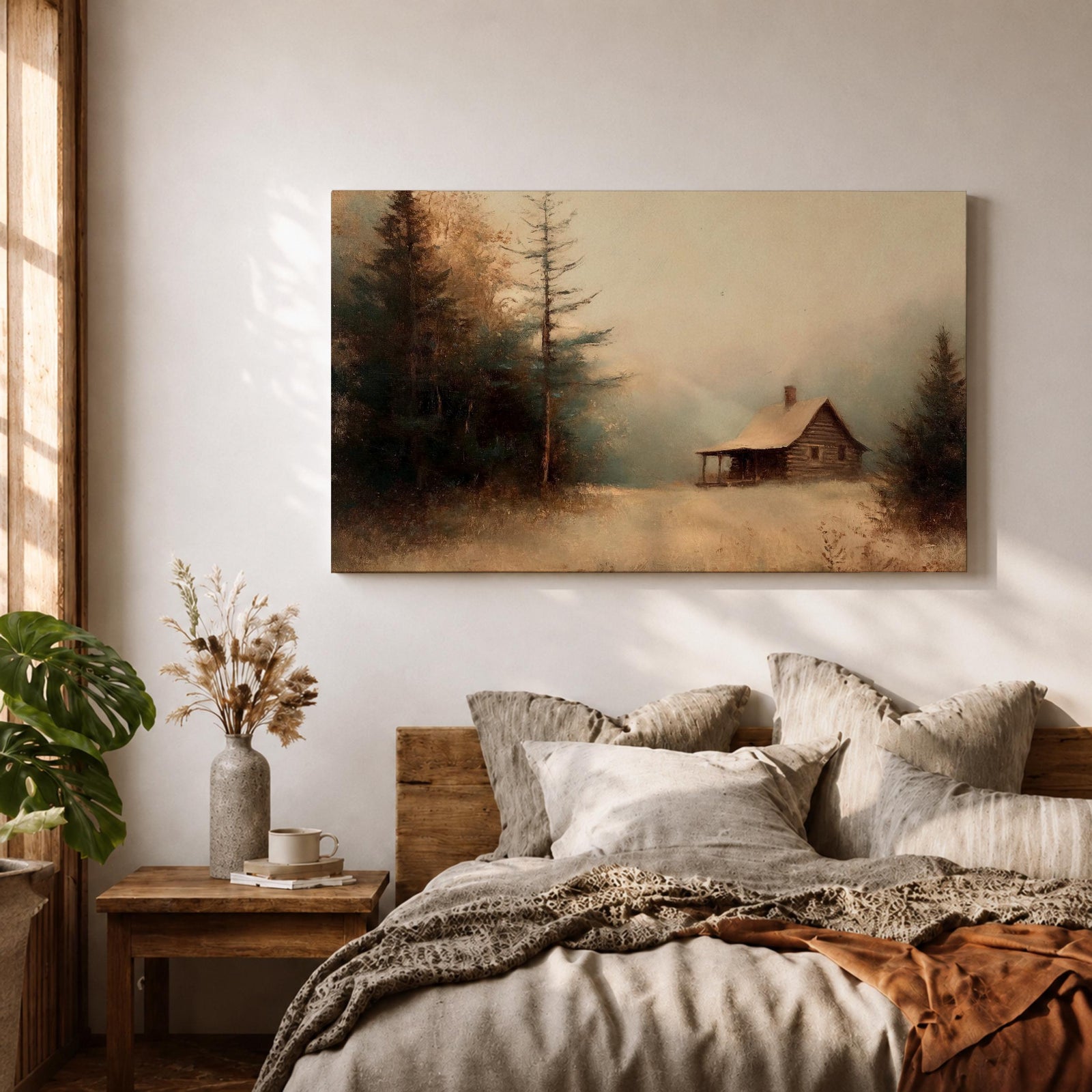 Cabin Wall Art Log House Framed Canvas Winter Landscape Rustic Lodge Home Decor