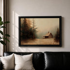 Cabin Wall Art Log House Framed Canvas Winter Landscape Rustic Lodge Home Decor