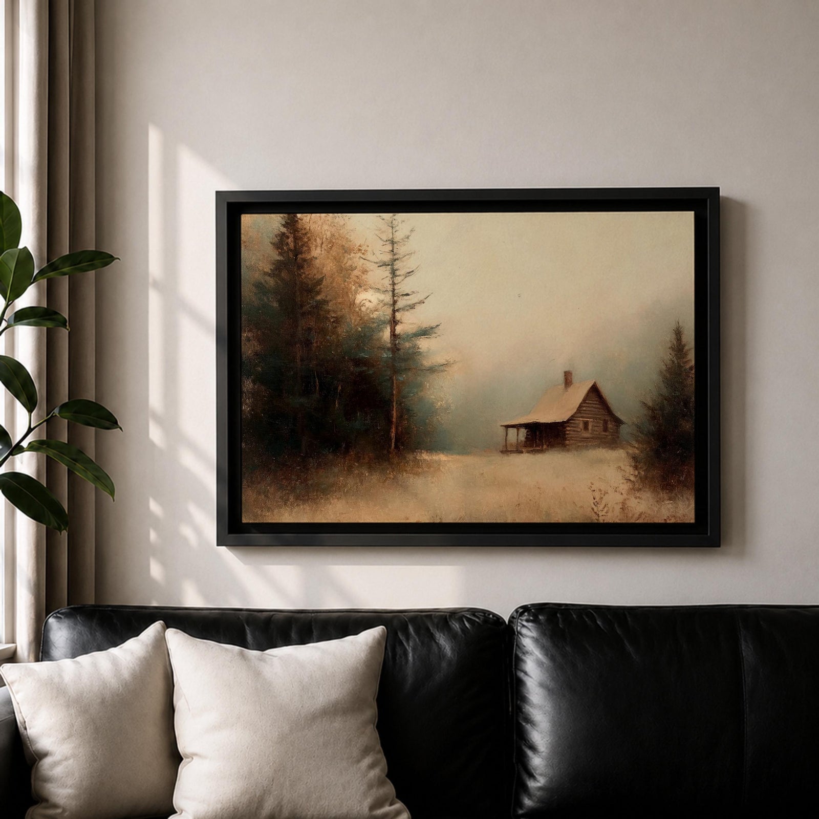 Cabin Wall Art Log House Framed Canvas Winter Landscape Rustic Lodge Home Decor