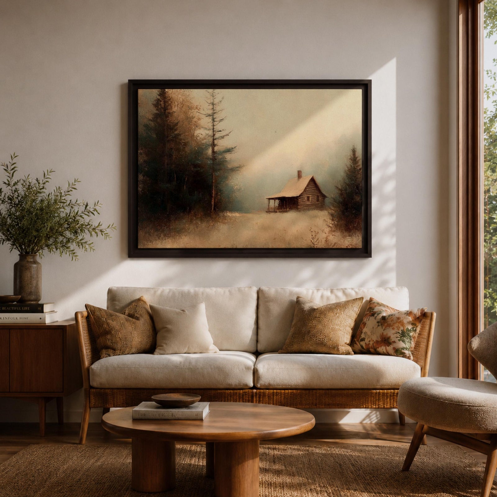 Cabin Wall Art Log House Framed Canvas Winter Landscape Rustic Lodge Home Decor