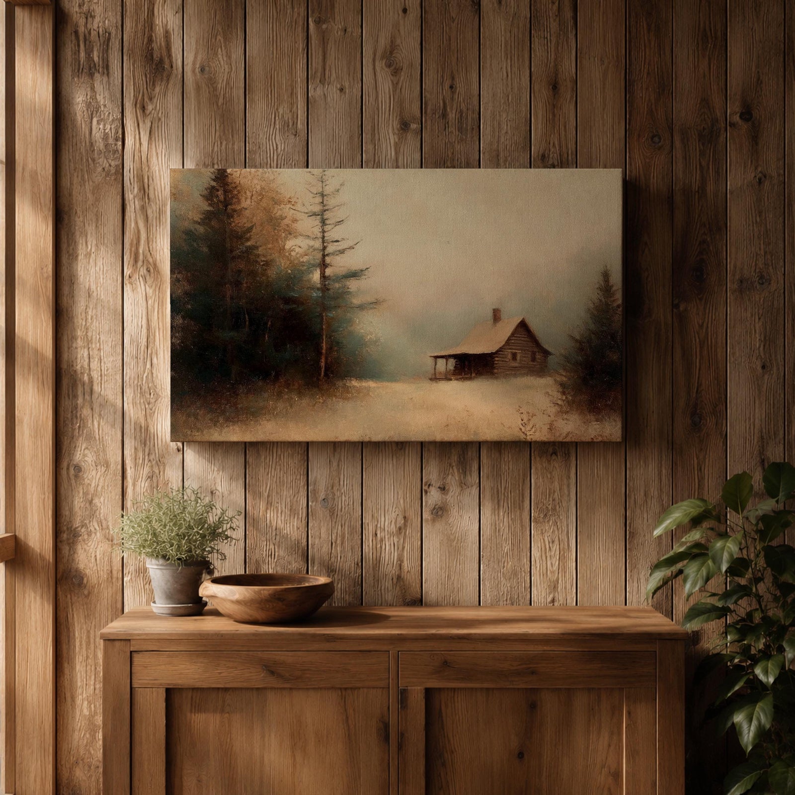 Cabin Wall Art Log House Framed Canvas Winter Landscape Rustic Lodge Home Decor