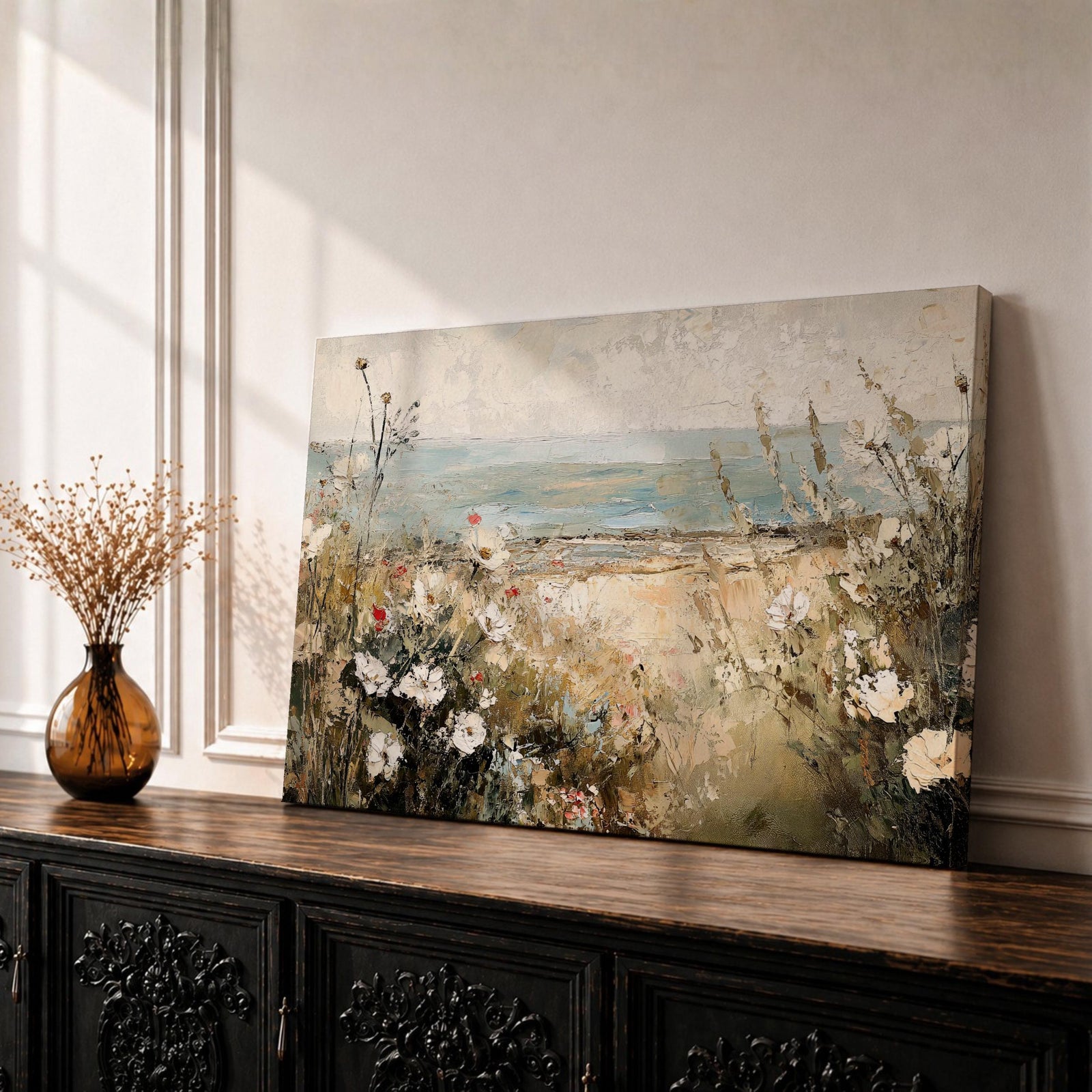Coastal Floral Wall Art Beach Flowers Framed Canvas Seaside Rustic Vintage Farmhouse Home Decor