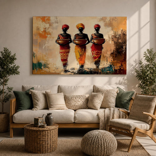 African Women Wall Art Tribal Sisters Framed Canvas Afrocentric Abstract Cultural Ethnic Decor