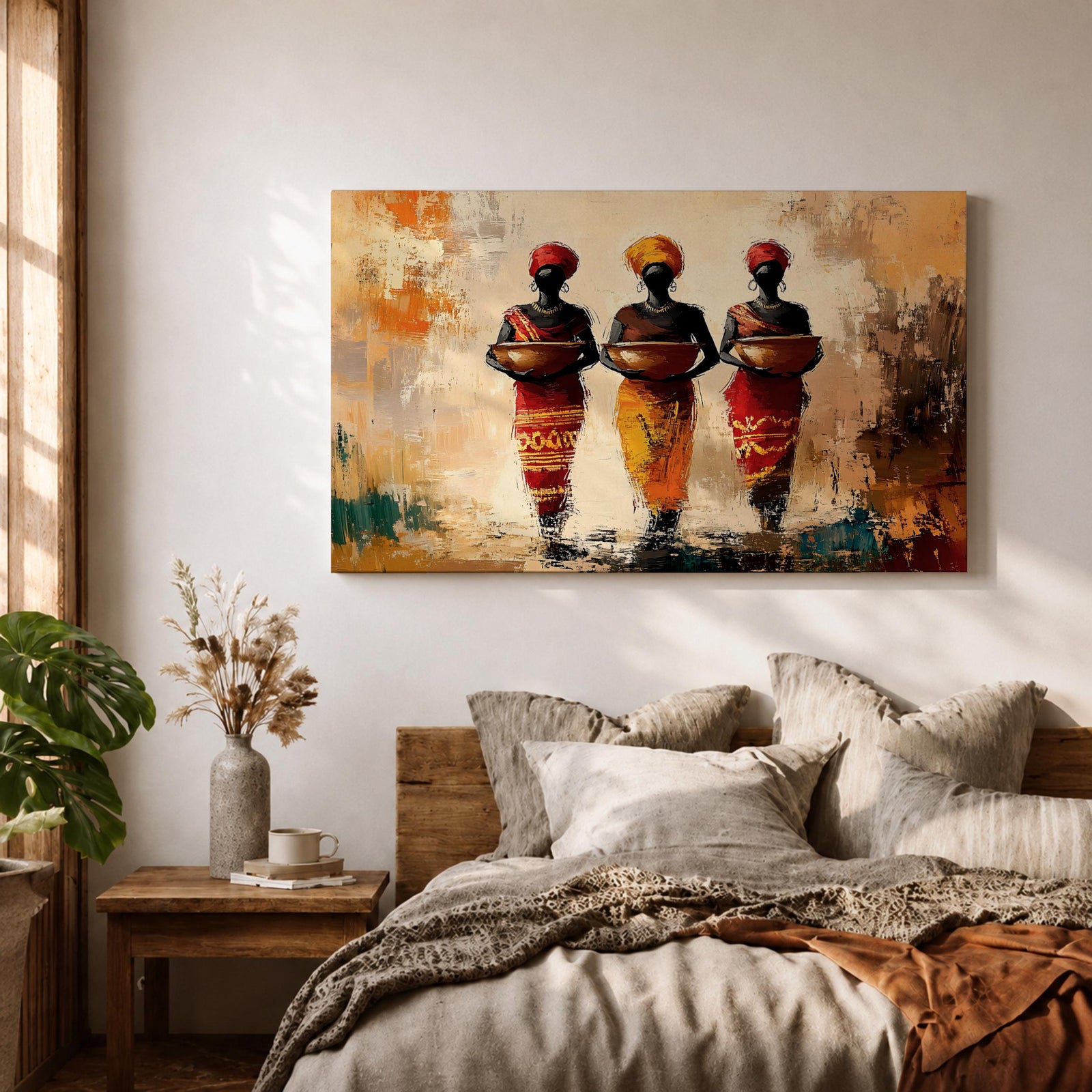 African Women Wall Art Tribal Sisters Framed Canvas Afrocentric Abstract Cultural Ethnic Decor