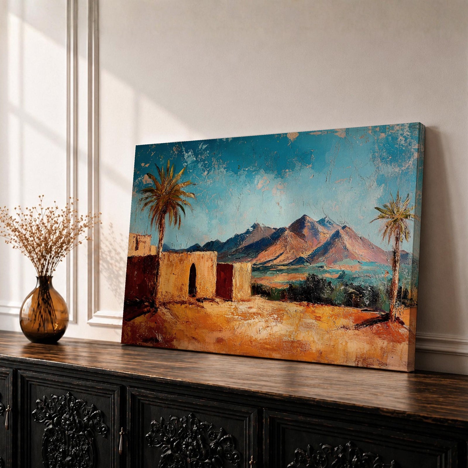 Desert Palm Tree Wall Art Oasis Landscape Framed Canvas Mediterranean Boho Mountain Decor