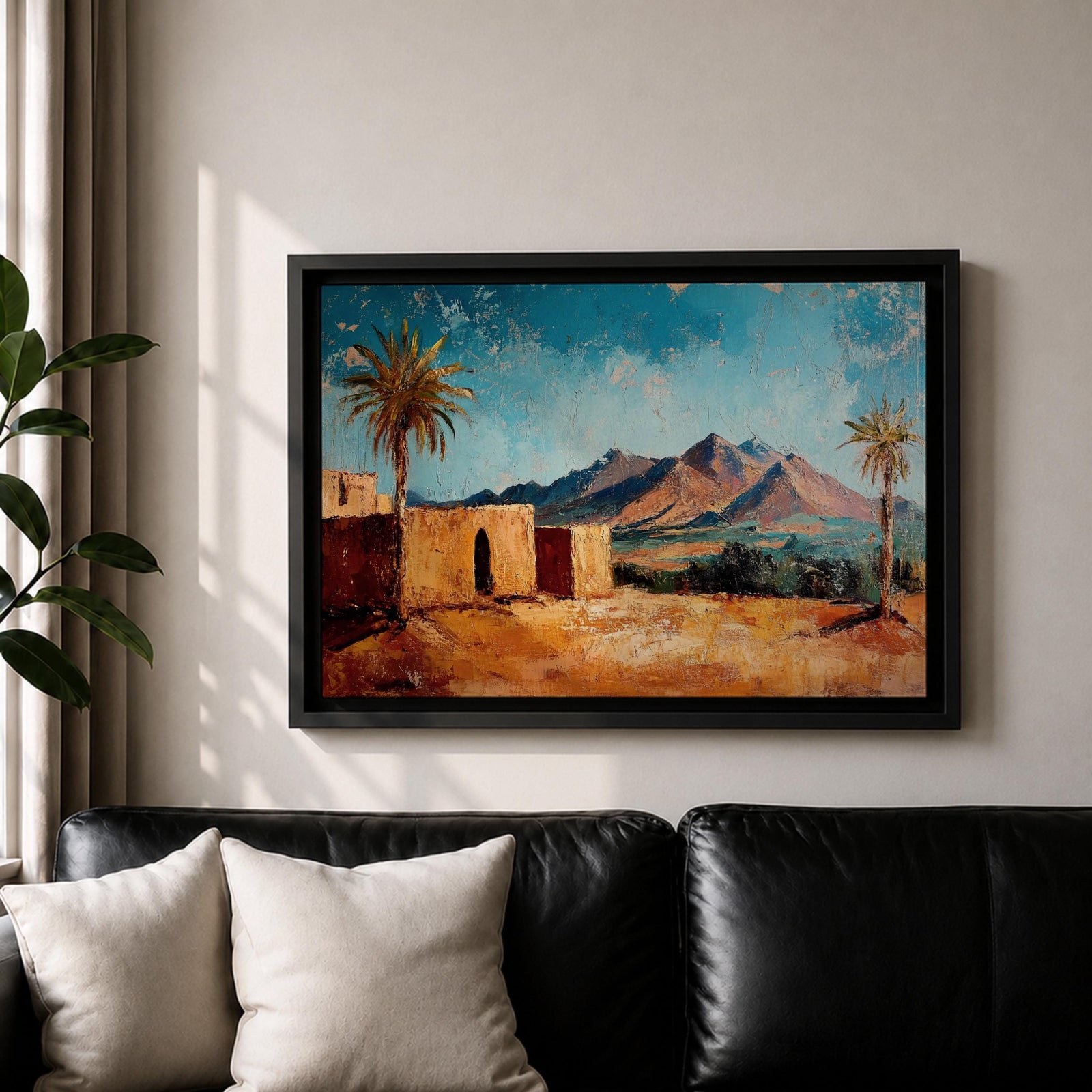 Desert Palm Tree Wall Art Oasis Landscape Framed Canvas Mediterranean Boho Mountain Decor