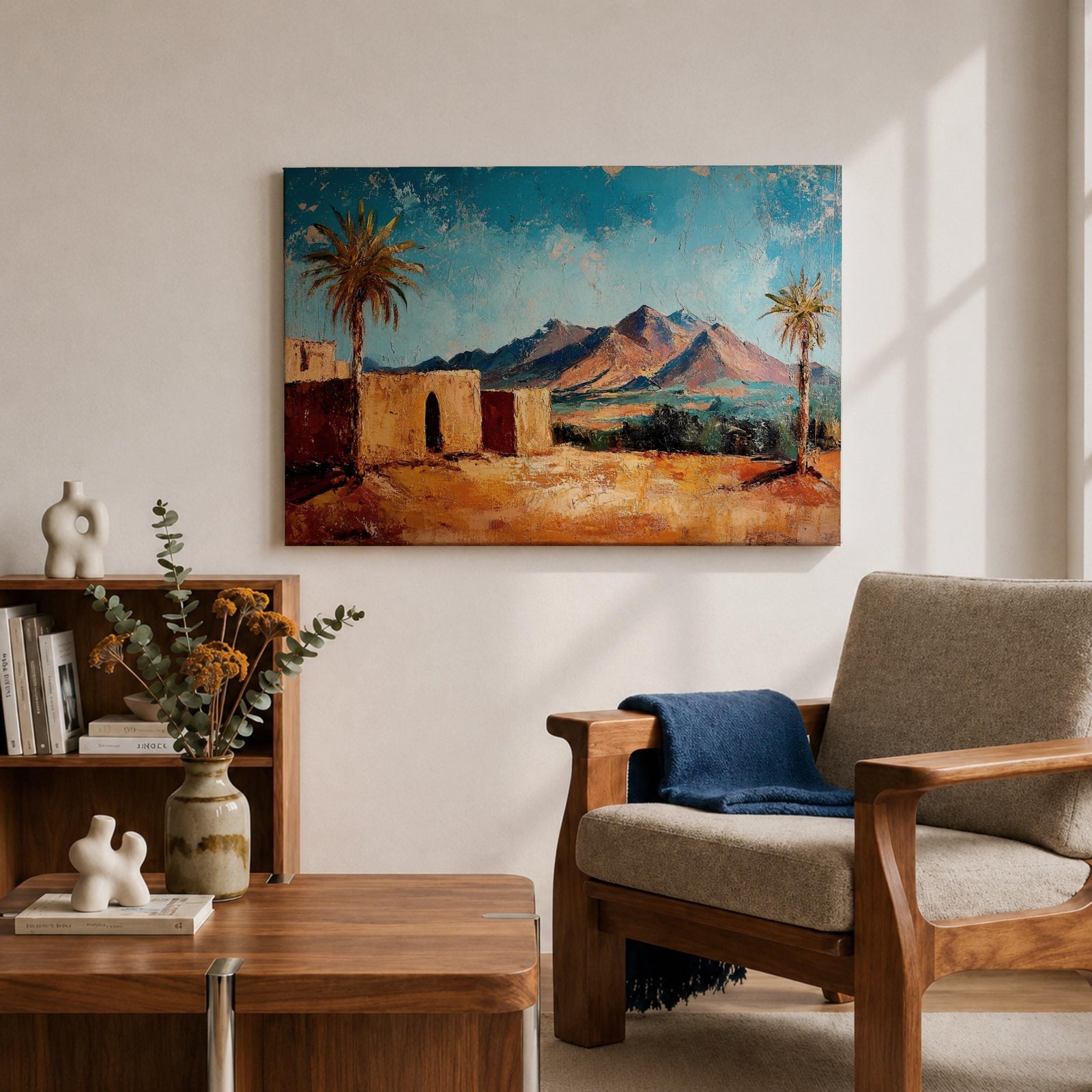 Desert Palm Tree Wall Art Oasis Landscape Framed Canvas Mediterranean Boho Mountain Decor