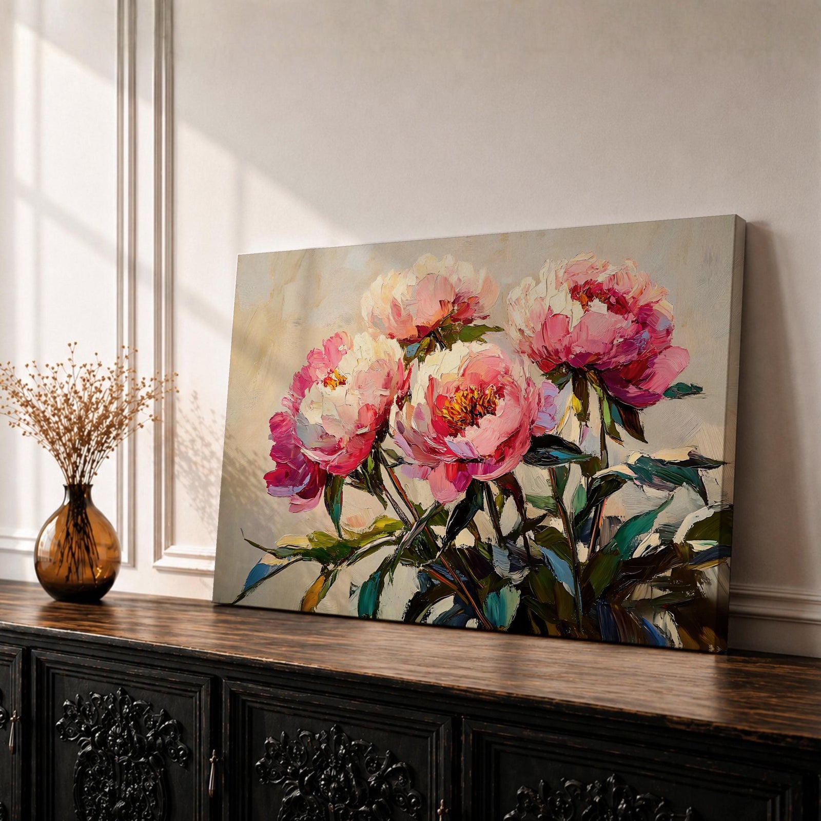 Peony Wall Art Blossom Framed Canvas Botanical Romantic Impasto Floral Living Room Home Decor