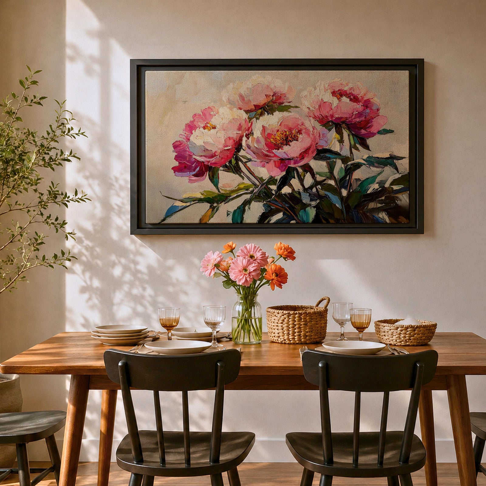 Peony Wall Art Blossom Framed Canvas Botanical Romantic Impasto Floral Living Room Home Decor