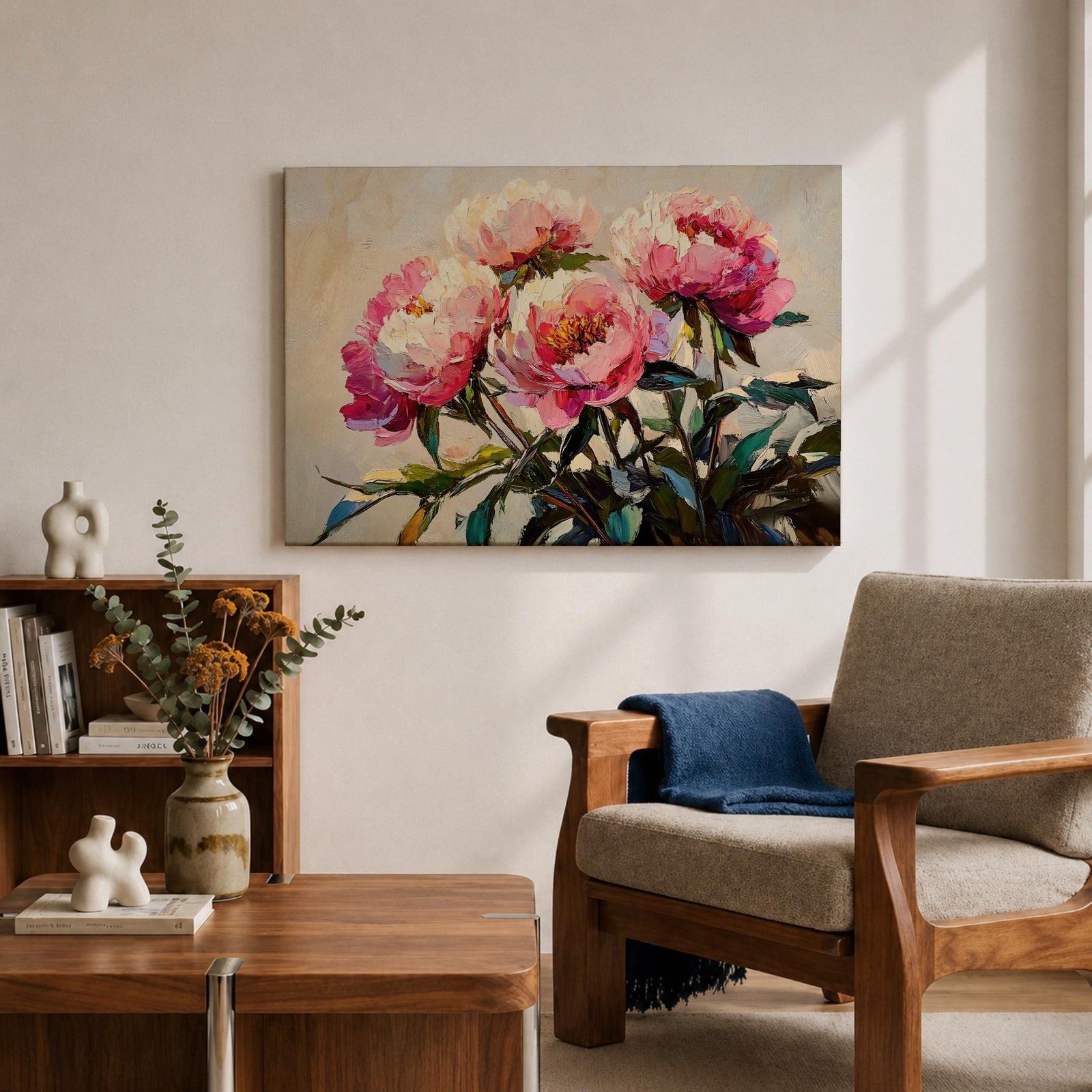 Peony Wall Art Blossom Framed Canvas Botanical Romantic Impasto Floral Living Room Home Decor