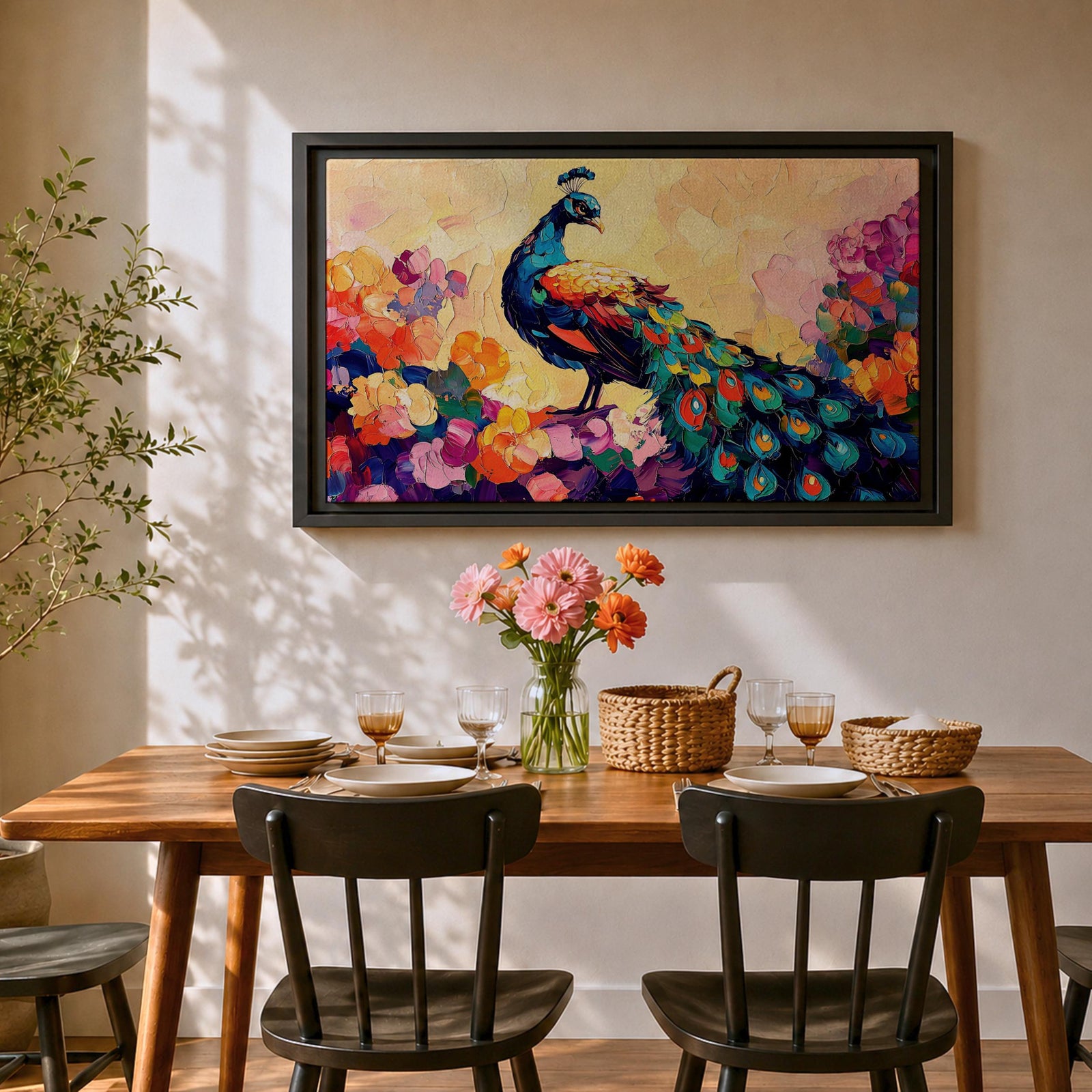 Peacock Wall Art Royal Feathers Framed Canvas Tropical Boho Animal Floral Nature Decor